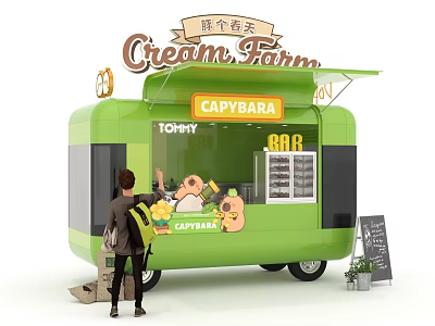 Green Capybara Themed Food Truck With A Customer 3d model