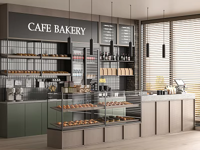 Modern Cafe Bakery Interior With Glass Display Case Pastries Breads Coffee Equipment And Cabinets 3d model