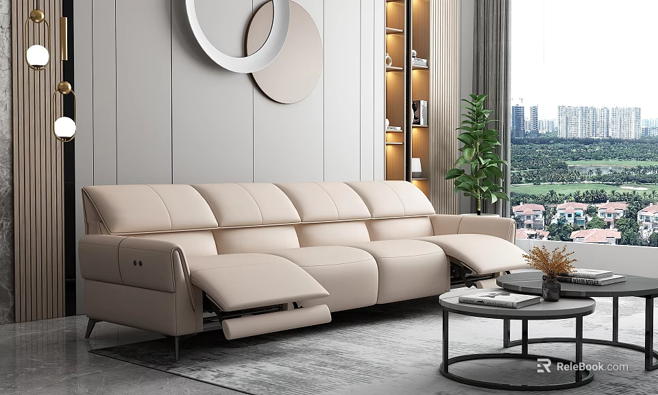 Beige Leather Multi Person Reclining Sofa in Modern Living Room with Coffee Table and Plant 3d model 