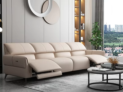 Beige Leather Multi Person Reclining Sofa in Modern Living Room with Coffee Table and Plant 3d model