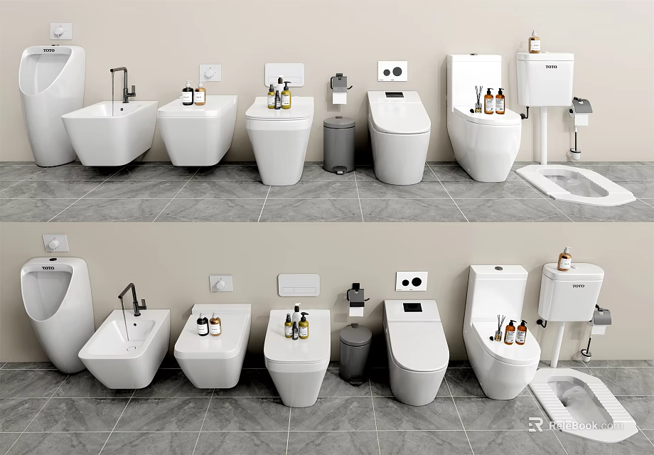 Modern Bathroom Toilet Display With Various Designs Sink And Trash Bin Fixtures 3d model 