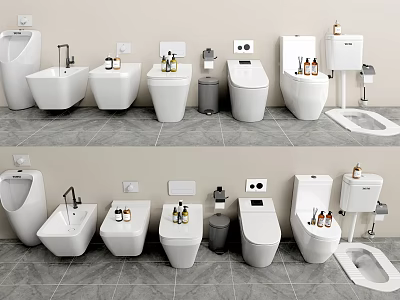 Modern Bathroom Toilet Display With Various Designs Sink And Trash Bin Fixtures 3d model