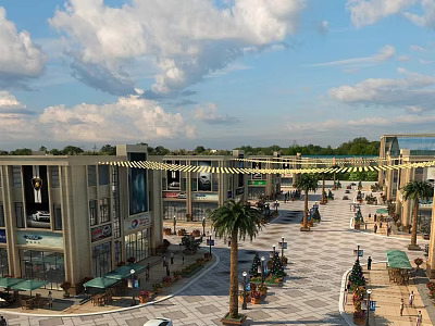 Vibrant Shopping Street With Modern Stores Palm Trees Pedestrians And Open Square Under Blue Sky 3d model