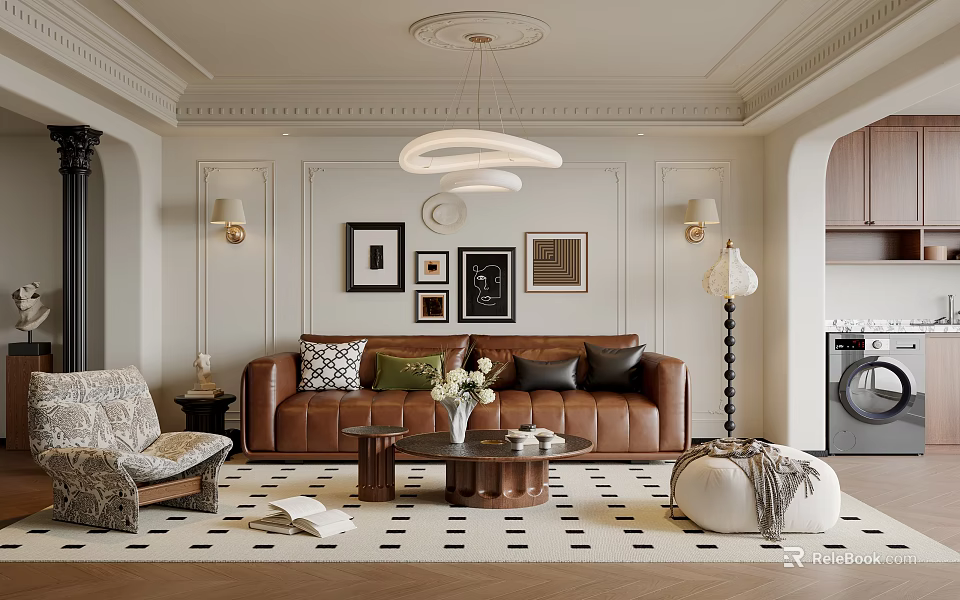 Modern Classic Living Room Interior With Brown Leather Sofa Decorative Paintings Chandelier And Patterned Rug 3d model 
