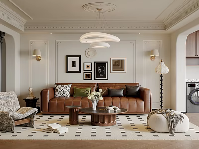 Modern Classic Living Room Interior With Brown Leather Sofa Decorative Paintings Chandelier And Patterned Rug 3d model
