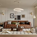 Modern Classic Living Room Interior With Brown Leather Sofa Decorative Paintings Chandelier And Patterned Rug