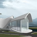 Modern Architectural Building With Curved White Roof Glass Curtain Walls And Waterfront Green Lawn Pathway