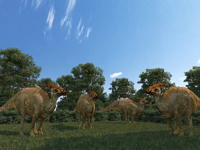 Garden Landscape Featuring Dinosaurs on Grassland with Trees Under Blue Sky and White Clouds 3d model
