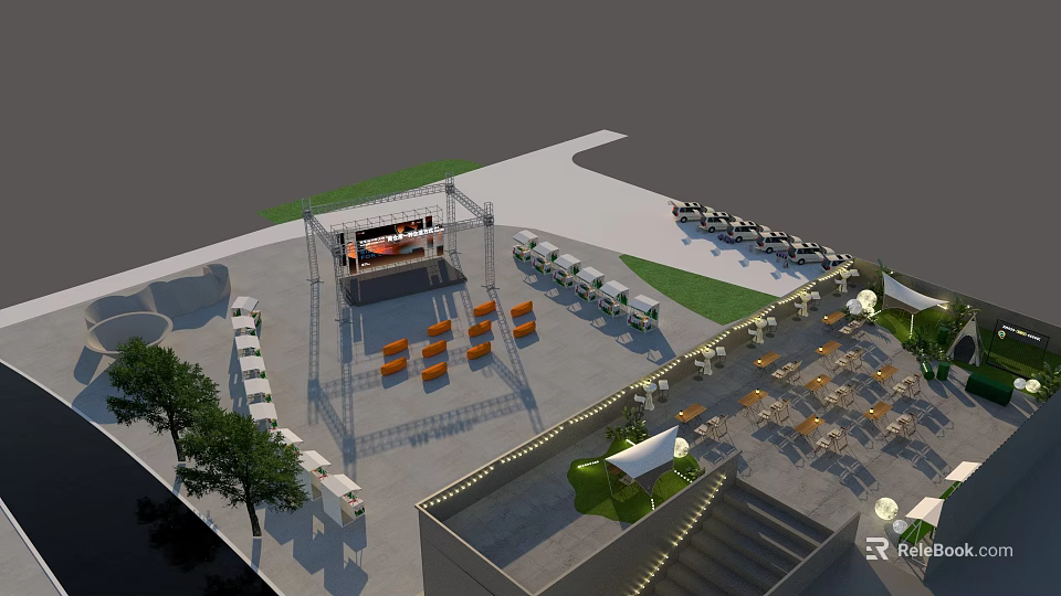 Vibrant Commercial Street Plaza With Stage Orange Chairs And Green Trees 3d model 
