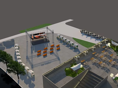 Vibrant Commercial Street Plaza With Stage Orange Chairs And Green Trees 3d model