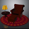 Red Tufted Armchair And Ottoman With Small Table Lamp On Round Rug With Orange Patterns