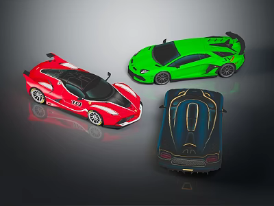 Sleek Sporty Sports Cars With Aerodynamic Bodies In Red Green And Blue Colors 3d model