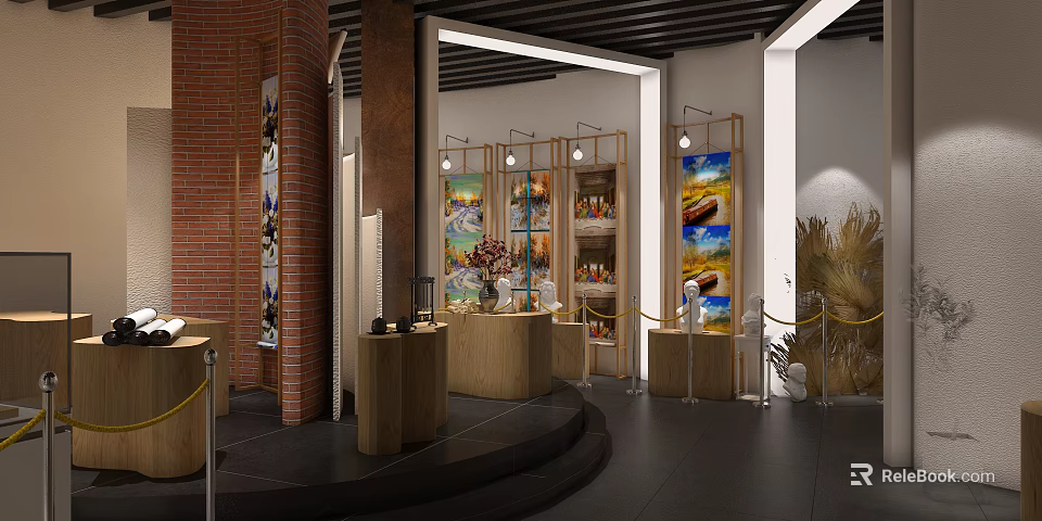 Modern Exhibition Hall Interior With Display Cabinets Decorative Paintings And Wooden Podiums 3d model 