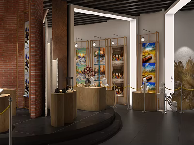 Modern Exhibition Hall Interior With Display Cabinets Decorative Paintings And Wooden Podiums 3d model