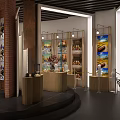 Modern Exhibition Hall Interior With Display Cabinets Decorative Paintings And Wooden Podiums
