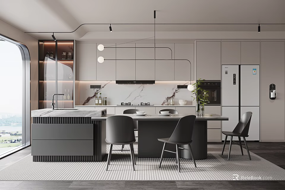 Modern Restaurant Open Kitchen Interior With Island Counter Dining Chairs And Pendant Lights 3d model 