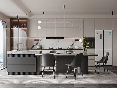 Modern Restaurant Open Kitchen Interior With Island Counter Dining Chairs And Pendant Lights 3d model