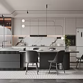 Modern Restaurant Open Kitchen Interior With Island Counter Dining Chairs And Pendant Lights