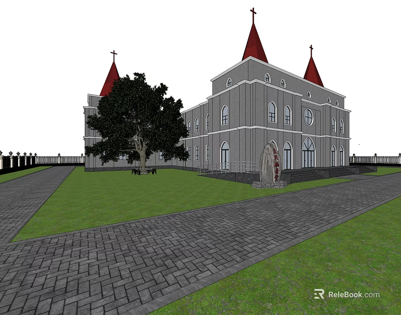 Christian Church Architecture With Red Spires Crosses Green Lawn And Stone Path 3d model 