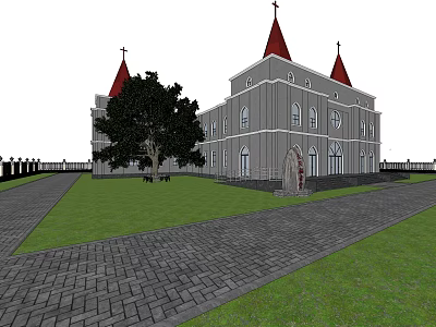 Christian Church Architecture With Red Spires Crosses Green Lawn And Stone Path 3d model