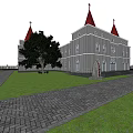Christian Church Architecture With Red Spires Crosses Green Lawn And Stone Path