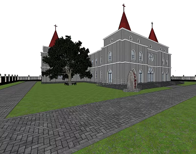Christian Church Architecture With Red Spires Crosses Green Lawn And Stone Path 3d model