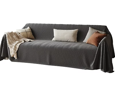 Gray Sectional Sofa With Quilted Cover Pillows And Throw Blanket For Living Room 3d model