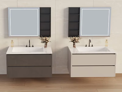Modern Double Washbasin Vanity With Mirrors Black Shelves White Countertops And Colored Cabinets 3d model