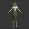 3D Character Woman In White Top With Pink Bow Gray Skirt Arms Outstretched Standing Pose