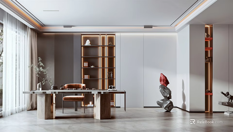 Modern Tea Room Interior Design With Wooden Bookshelf Tea Table And Decorations 3d model 