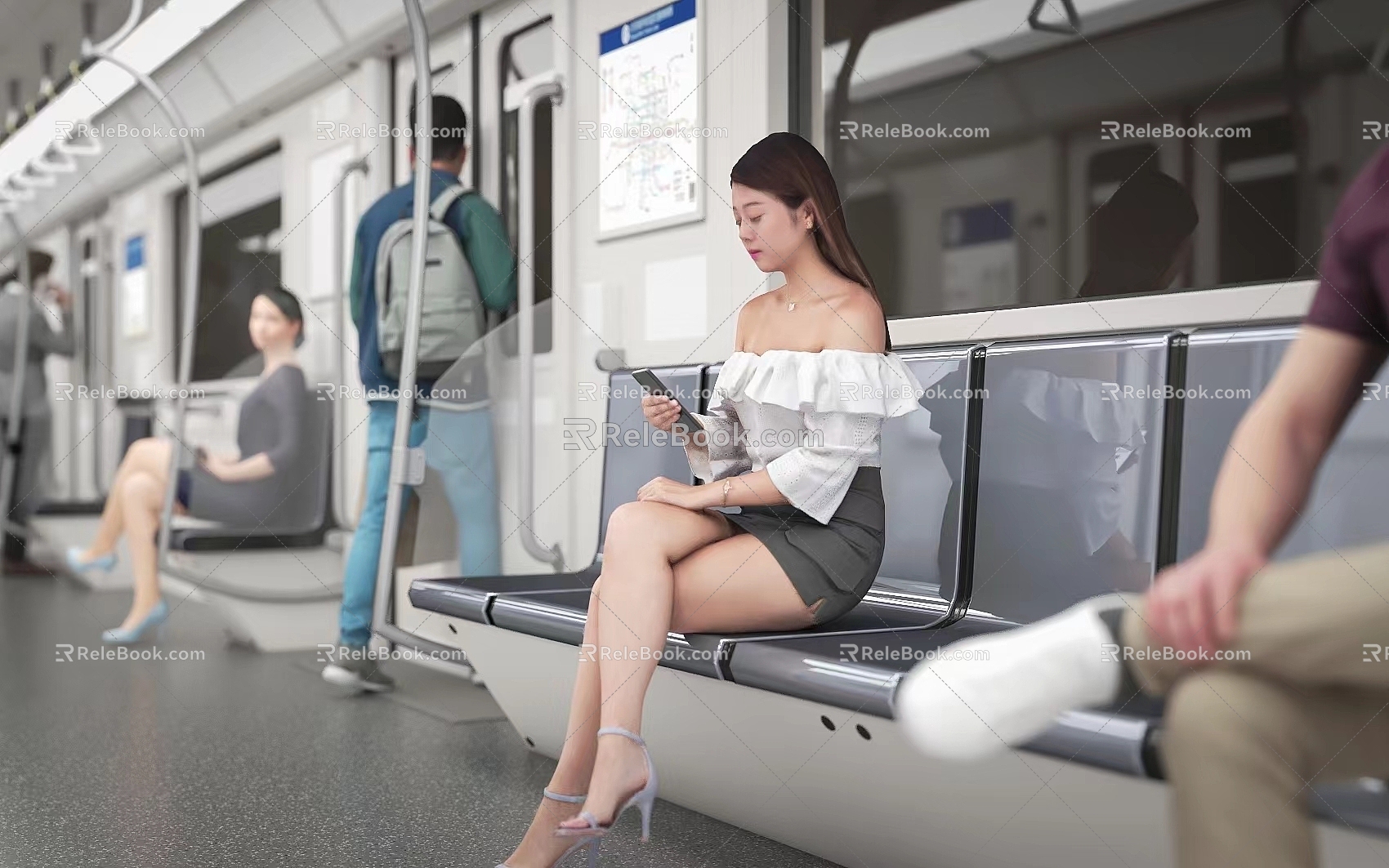 Multi-person woman subway beauty street shooting bus women men sitting posture mobile phone glue 3d model