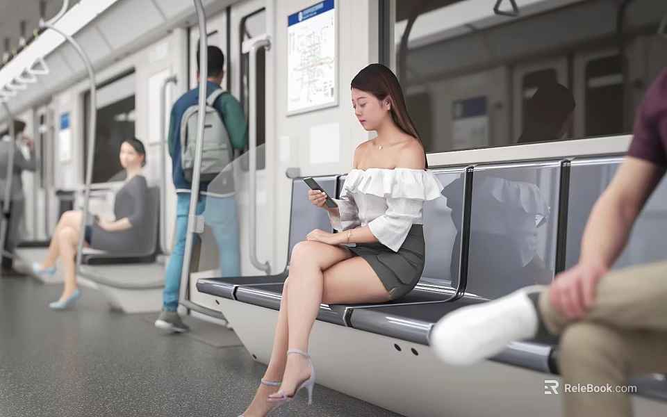 People in Subway Train Sitting and Standing While Using Smartphones on Seats with Metal Handrails 3d model 