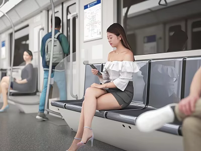 People in Subway Train Sitting and Standing While Using Smartphones on Seats with Metal Handrails 3d model