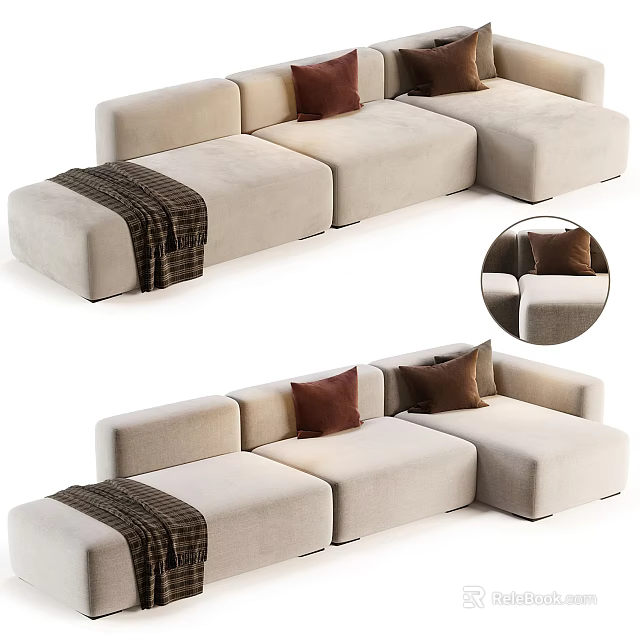 Modern Beige Sectional Sofa With Brown Cushions And Dark Throw Blanket 3d model