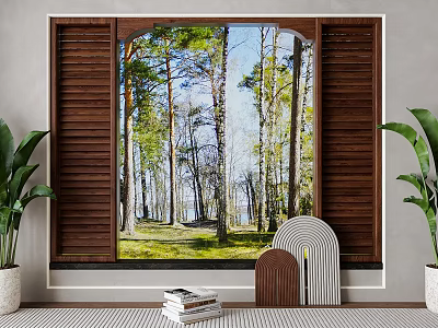 Wooden Blinds Framing Scenic Forest View With Indoor Plants And Decorative Items 3d model