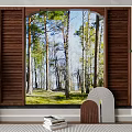 Wooden Blinds Framing Scenic Forest View With Indoor Plants And Decorative Items