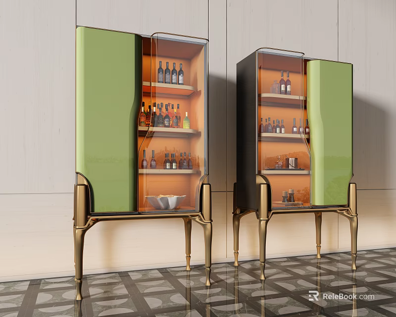 Elegant Green Gold Wine Cabinet with Glass Door and Wine Bottles in Modern Luxury Interior 3d model 