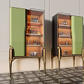 Elegant Green Gold Wine Cabinet with Glass Door and Wine Bottles in Modern Luxury Interior