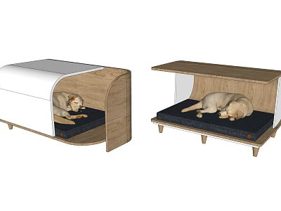 Wooden Dog Bed Designs Covered And Open Styles With Sleeping Dog On Cushion 3d model