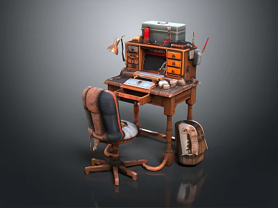 Vintage Wooden Computer Desk With Retro Typewriter Desk Lamp Office Chair And Backpack 3d model
