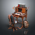 Vintage Wooden Computer Desk With Retro Typewriter Desk Lamp Office Chair And Backpack