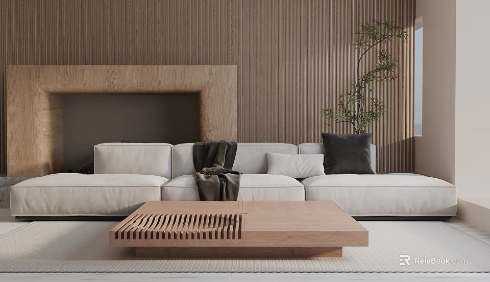 Modern White Three Seater Sofa Featuring Wooden Coffee Table and Potted Plant Against Wooden Wall 3d model 