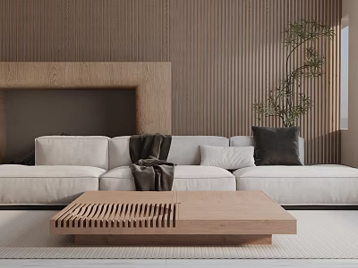 Modern White Three Seater Sofa Featuring Wooden Coffee Table and Potted Plant Against Wooden Wall 3d model