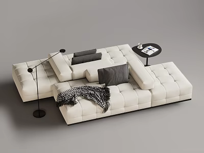 Modern White Sectional Sofa With Plush Cushions Cozy Blanket Side Table And Floor Lamp 3d model
