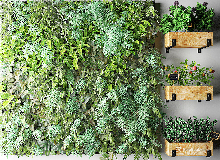 Living Green Plant Wall With Various Lush Green Plants And Wooden Planters For Interior Design 3d model 