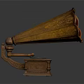 Vintage Wooden Phonograph Audio Equipment With Carved Horn Speaker And Retro Design