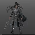 Man In Ancient Intricate Armor Holding Sword With Long Hair And Cloak