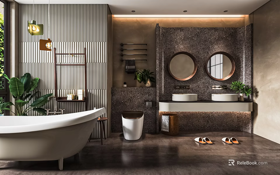 Modern Bathroom Interior With Double Sinks Round Mirrors Bathtub Plants Wooden Elements And Dark Flooring 3d model 