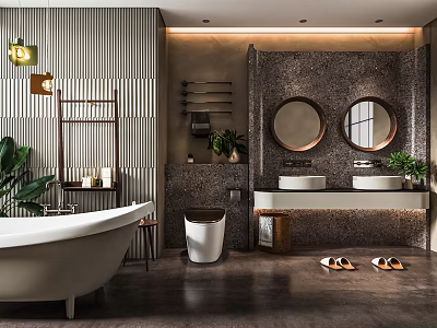 Modern Bathroom Interior With Double Sinks Round Mirrors Bathtub Plants Wooden Elements And Dark Flooring 3d model