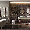 Modern Bathroom Interior With Double Sinks Round Mirrors Bathtub Plants Wooden Elements And Dark Flooring